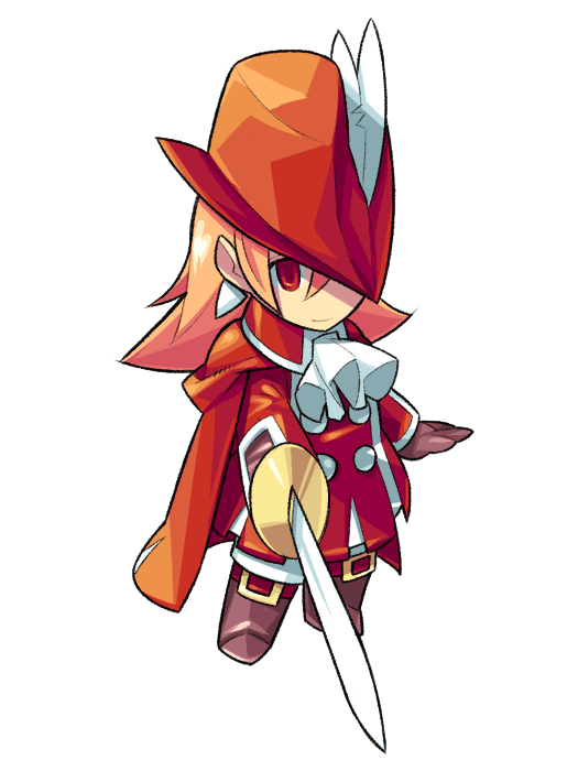 itsumo nokoru, red mage (final fantasy), refia, final fantasy, final fantasy iii, square enix, archived source, 1girl, anime coloring, arm at side, belt, belt buckle, boots, brown boots, brown gloves, buckle, buttons, bycocket, cloak, closed mouth, coat, collared coat, cosplay, deformed, double-breasted, earrings, feathers, full body, gloves, gold buckle, hat, hat feather, holding, holding sword, holding weapon, jewelry, long hair, no nose, one eye covered, open hand, orange hair, pants, partially shaded face, pleated coat, rapier, red belt, red cloak, red coat, red eyes, red hat, red mage (final fantasy) (cosplay), red pupils, red sleeves, sidelocks, simple background, smile, solo, sword, triangle earrings, weapon, white background, white feathers, white pants