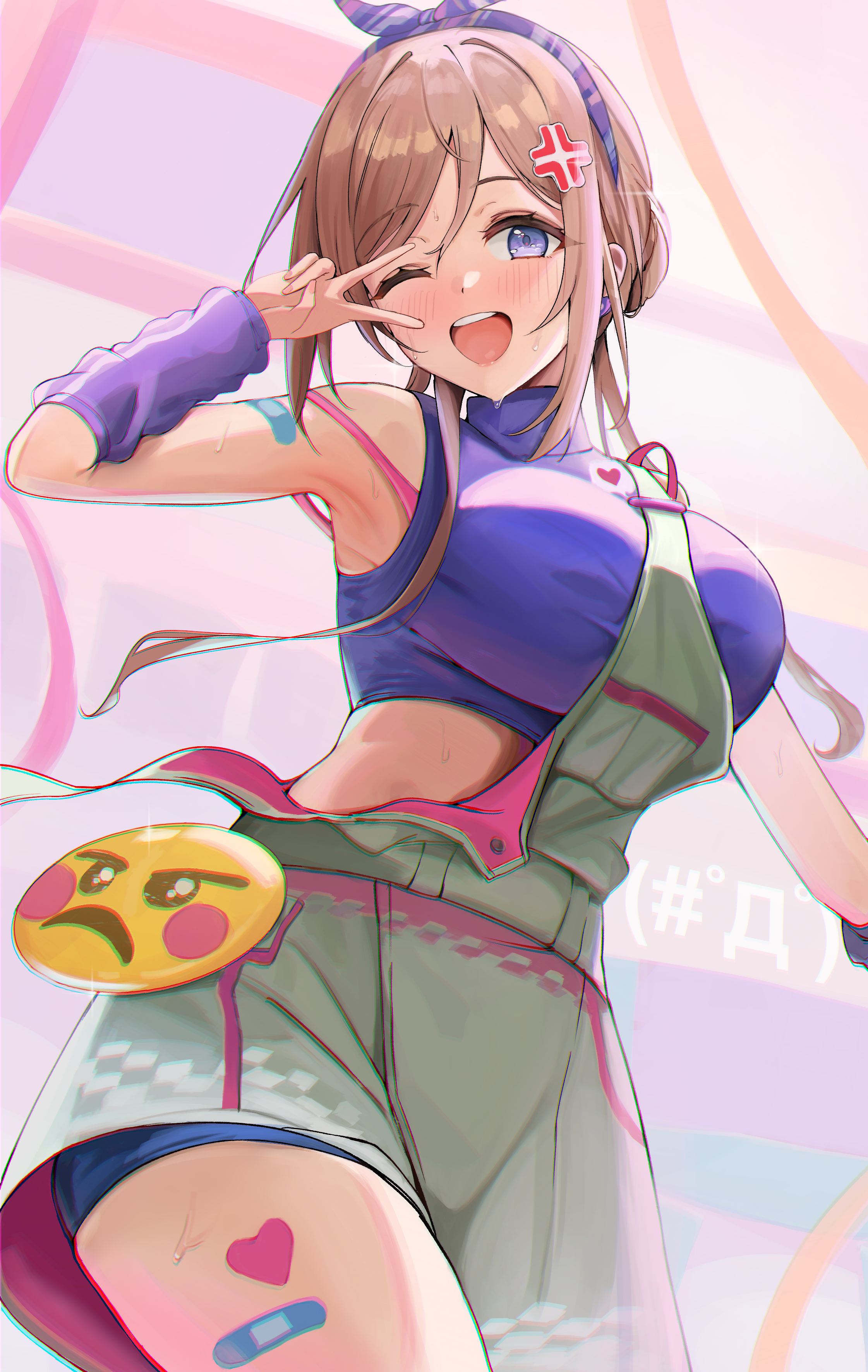 himesaki rinami, gakuen idolmaster, idolmaster, absurdres, highres, 1girl, anger vein hair ornament, arm warmers, armpit crease, armpits, bandaid, bandaid on arm, bandaid on thigh, blush, bow, bow hairband, breasts, brown hair, cowboy shot, crop top, double-parted bangs, emoji, emoticon, green overalls, hair between eyes, hair bow, hair bun, hairband, hand up, heart, idol, kaomoji, large breasts, long hair, looking at viewer, midriff, miracle na now! (idolmaster), one eye closed, open mouth, overall shorts, overalls, purple arm warmers, purple shirt, ribbon, shirt, shoumeikigu, sidelocks, sleeveless, sleeveless shirt, solo, strap slip, sweat, teeth, turtleneck, turtleneck shirt, upper teeth only, v, v over eye