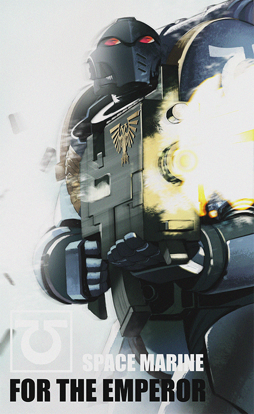 kinggainer, warhammer 40k, character request, commentary, english commentary, 1boy, armor, firing, gun, helmet, holding, holding gun, holding weapon, solo, weapon