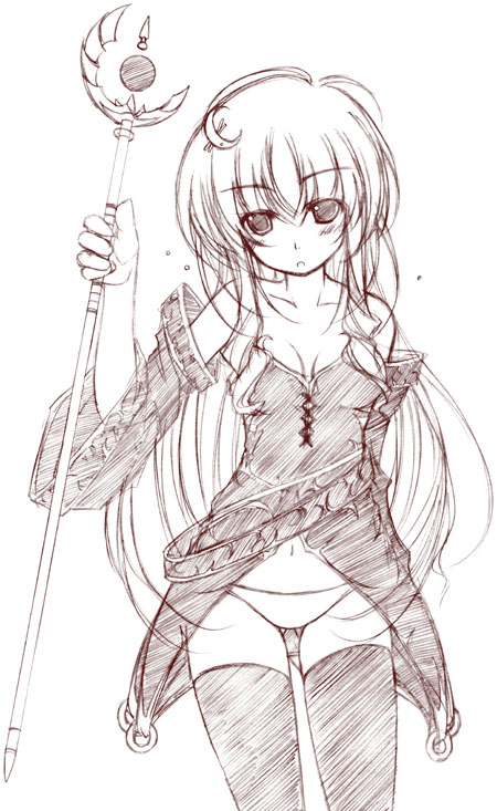 yumesato makura, 1girl, female focus, monochrome, panties, solo, staff, thighhighs, underwear