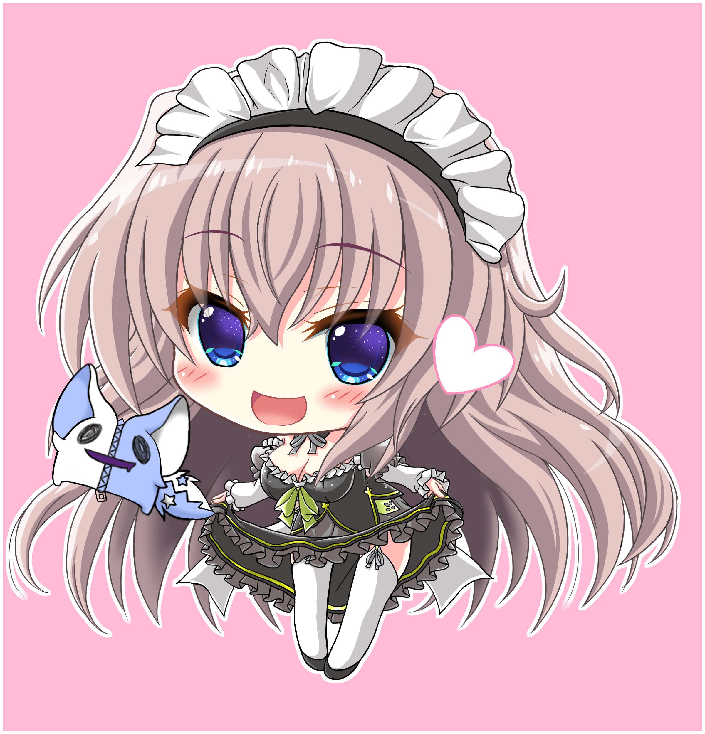 nineball0211, kujou miyako, sophitia, 9-nine-, absurdres, commentary request, highres, 1girl, :d, black dress, black shoes, blue eyes, blush, border, bow, breasts, brown hair, chibi, chibi only, cleavage, detached collar, dress, dress bow, eyelashes, frilled dress, frilled sleeves, frills, full body, garter straps, green bow, grey ribbon, hair between eyes, happy, heart, juliet sleeves, large breasts, long hair, long sleeves, looking at viewer, neck ribbon, nine ball maid uniform, official alternate costume, open mouth, pink background, puffy sleeves, ribbon, shoes, sidelocks, simple background, skirt hold, smile, solo, standing, star (symbol), thighhighs, very long hair, white border, white ribbon, white thighhighs