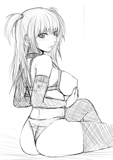 shinozuka jouji, amane misa, death note, 00s, 1girl, breasts, female focus, greyscale, large breasts, lingerie, monochrome, nipples, panties, sitting, sketch, solo, thighhighs, thong, twintails, two side up, underwear