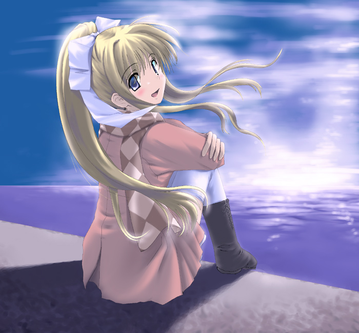 satou takeshi, kamio misuzu, air (visual novel), 00s, 1girl, :d, black boots, blonde hair, blue eyes, blush, boots, bow, coat, crossed arms, dress, female focus, hair bow, knee boots, long hair, long sleeves, looking at viewer, looking back, ocean, open mouth, outdoors, pantyhose, pink dress, ponytail, scarf, shore, smile, solo, thighhighs, very long hair, water, white thighhighs