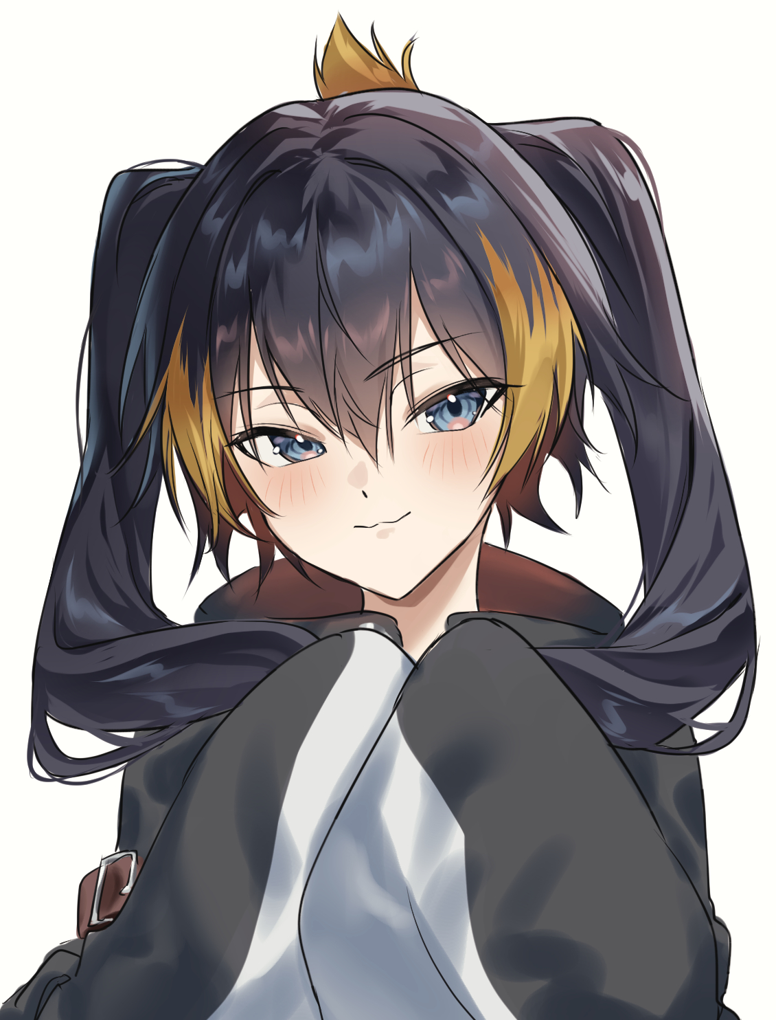 hitsuji (sheep tamura), petra gurin, nijisanji, nijisanji en, highres, 1girl, :3, black hair, blonde hair, blue eyes, blush, folded ponytail, hair between eyes, long hair, looking at viewer, multicolored hair, simple background, sleeves past fingers, sleeves past wrists, solo, streaked hair, twintails, virtual youtuber, white background