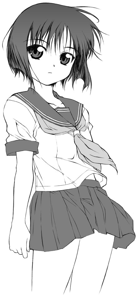 yamaguchi homupe, kashiwagi kaede, kizuato, 1girl, arms at sides, ascot, cowboy shot, female focus, greyscale, monochrome, school uniform, serafuku, short hair, short sleeves, simple background, skirt, solo