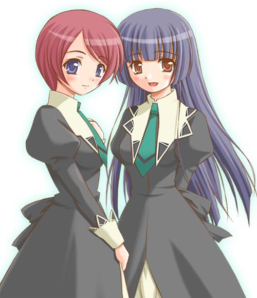 shiumai, siumai, kanou mizuho, tougi hitomi, strawberry panic!, 00s, 2girls, blue eyes, blue hair, blush, brown eyes, dress, happy, long hair, multiple girls, necktie, open mouth, red hair, school uniform, serafuku, short hair, smile, standing, very long hair