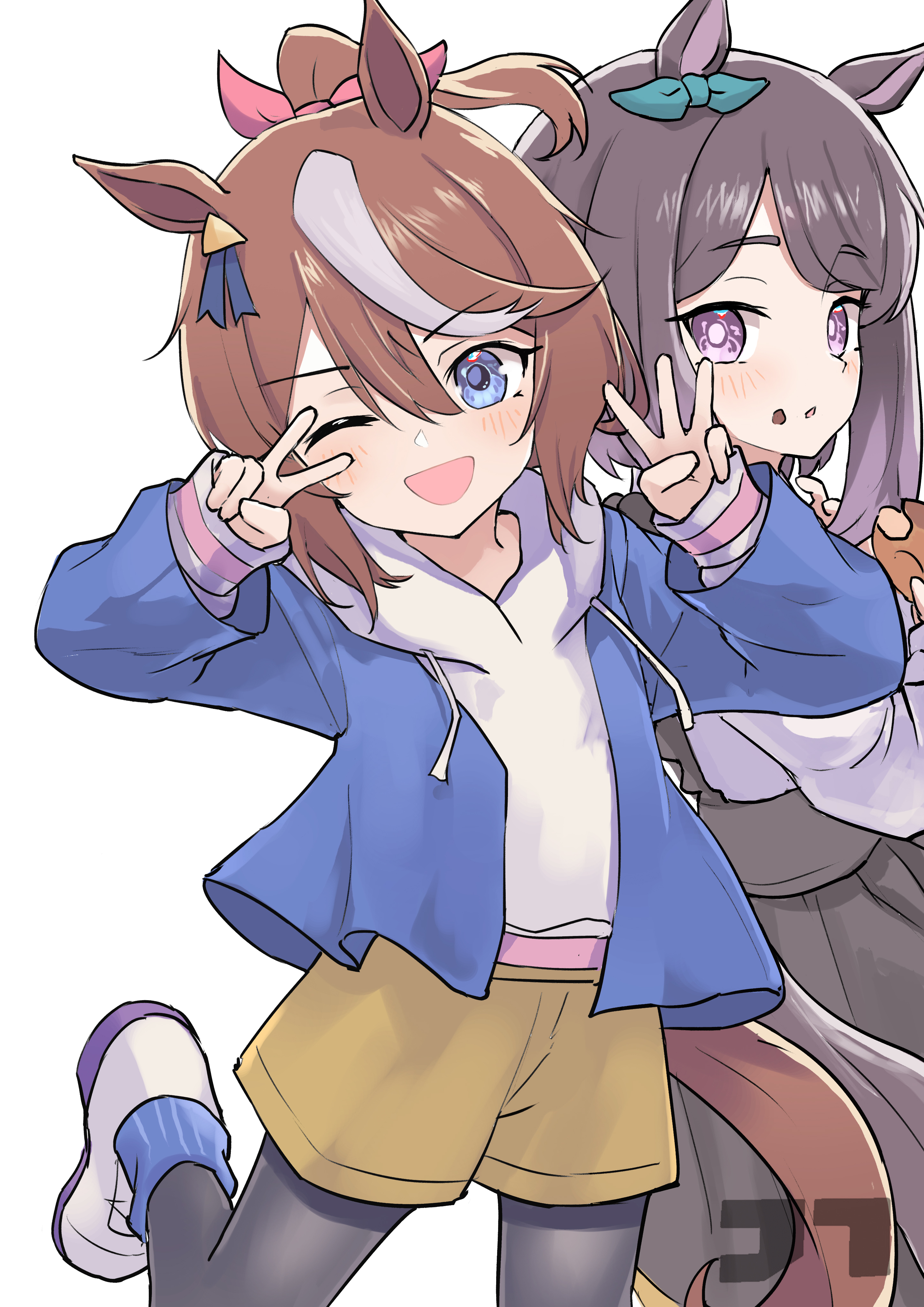 jtleeklm, mejiro mcqueen (umamusume), tokai teio (umamusume), umamusume, absurdres, commentary, commentary request, english commentary, highres, mixed-language commentary, 2girls, ;d, aged down, animal ears, black leggings, black skirt, blue eyes, blue jacket, blue socks, bow, brown hair, crumbs, donut, double-parted bangs, drawstring, ear bow, ear ornament, food, food on face, green bow, hair between eyes, holding, holding donut, holding food, horse ears, horse girl, horse tail, jacket, leggings, long sleeves, looking at viewer, looking back, medium hair, multicolored hair, multiple girls, one eye closed, open mouth, ponytail, purple eyes, purple hair, shirt, shoes, shorts, simple background, skirt, smile, socks, standing, standing on one leg, streaked hair, tail, v, w, white background, white hair, white shirt, white shoes, yellow shorts