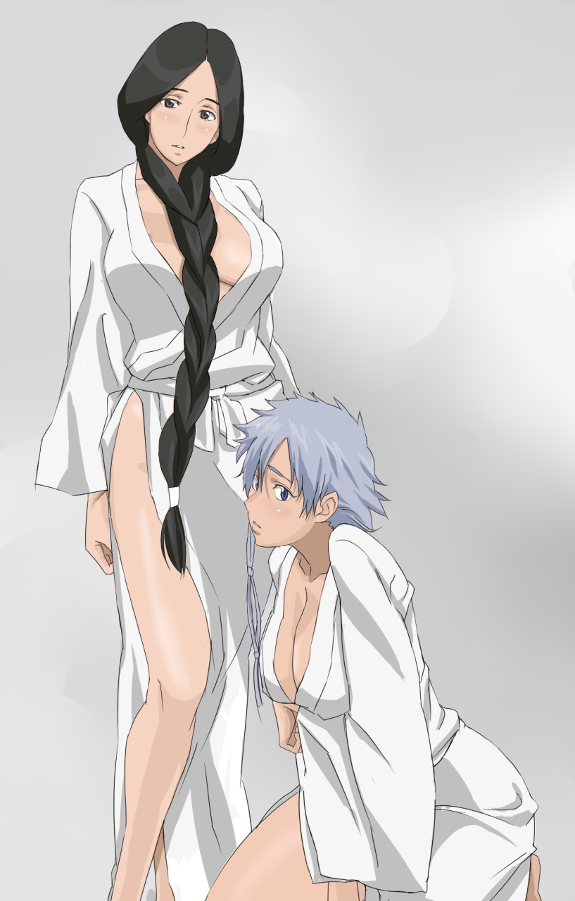 cottage, kotetsu isane, unohana retsu, bleach, clothes, silver hair, highres, 00s, 2girls, asymmetrical hair, between breasts, black hair, blue eyes, blue hair, blush, braid, breasts, brown eyes, cleavage, front braid, grey background, kneeling, large breasts, legs, long hair, long legs, long sleeves, looking at viewer, multiple girls, no bra, ponytail, robe, short hair, short hair with long locks, simple background, single braid, standing, very long hair, white robe