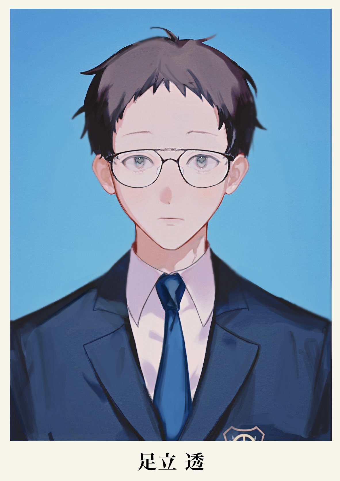 adachi tooru, persona, persona 4, persona 4 the animation, highres, 1boy, aged down, black-framed eyewear, blue background, blue necktie, brown hair, character name, closed mouth, collared shirt, formal clothes, glasses, grey eyes, jacket, kamin 021, looking at viewer, male focus, necktie, photo (object), shirt, short hair, simple background, solo, straight-on, suit, suit jacket, upper body, white shirt