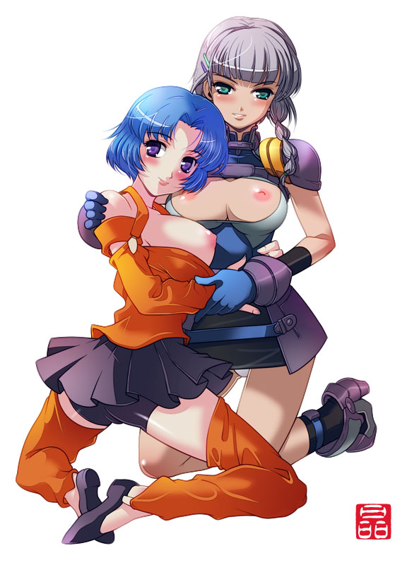 sonobe kazuaki, kusuha mizuha, seolla schweizer, banpresto, super robot wars, red legwear, 2girls, armor, ass, bike shorts, black panties, black skirt, blue hair, blunt bangs, blush, breasts, breasts out, covered erect nipples, from behind, full body, green eyes, grey hair, head tilt, kneeling, large breasts, long hair, looking at viewer, looking back, multiple girls, nipples, panties, pleated skirt, purple eyes, short hair, shoulder pads, simple background, skirt, smile, spread legs, tattoo, thighhighs, underwear, upskirt, white background, yuri
