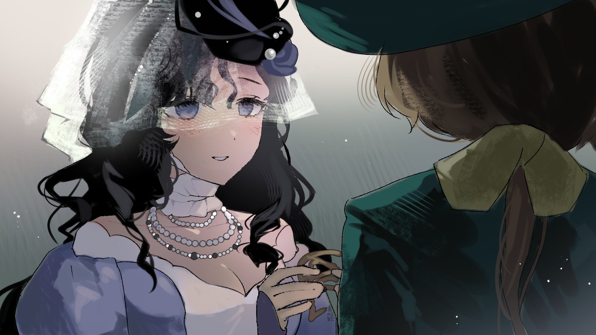 guni (9guniguni), isolde (reverse:1999), kakania (reverse:1999), reverse:1999, highres, 2girls, bare shoulders, black hair, black hat, breasts, brown hair, cleavage, dress, face-to-face, facing another, facing away, green hat, green jacket, grey background, grin, hands up, hat, holding, jacket, jewelry, looking at another, multiple girls, necklace, pearl necklace, purple dress, purple eyes, see-through clothes, see-through veil, smile, upper body, veil