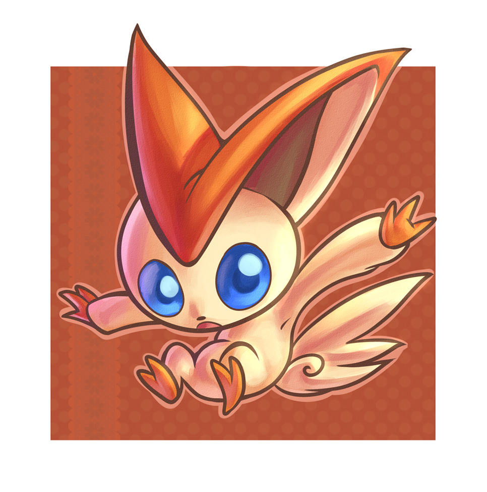 malky (malkshake), victini, nintendo, pokemon, commentary, english commentary, mixed-language commentary, painttool sai (medium), blue eyes, border, full body, gen 5 pokemon, legendary pokemon, looking at viewer, mythical pokemon, no humans, open mouth, outstretched arms, pokemon (creature), pokemon focus, solo, spanish commentary, spread arms, white border