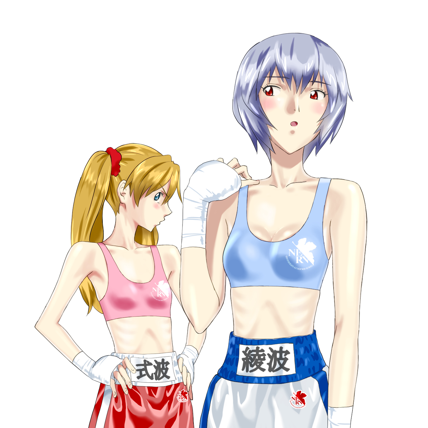 seriomaster, ayanami rei, souryuu asuka langley, neon genesis evangelion, highres, 2girls, alternate hairstyle, blonde hair, blue eyes, blue hair, blue shorts, blue sports bra, bob cut, boxer, boxing shorts, breasts, hand on own hip, hand up, hand wraps, head tilt, light blush, long hair, looking at another, looking at viewer, looking to the side, multiple girls, nerv, open mouth, pink sports bra, red eyes, red shorts, ribs, short hair, shorts, simple background, small breasts, sports bra, upper body