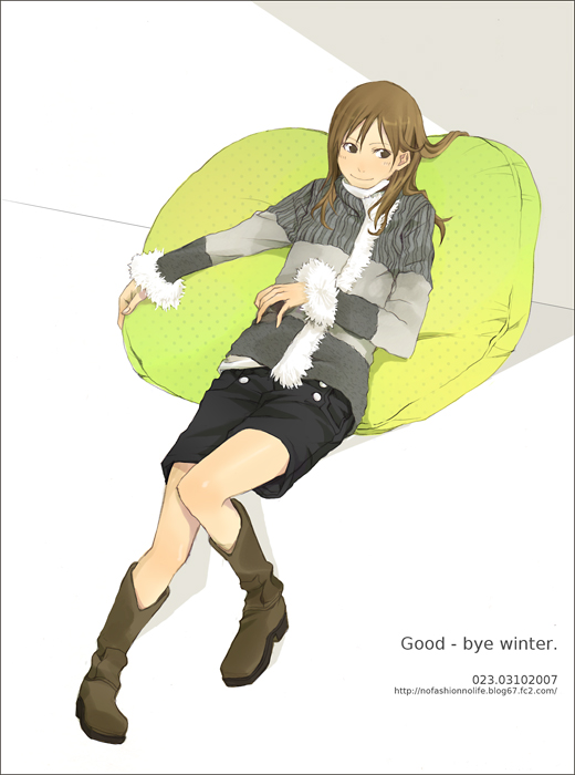 yoshito, original, 1girl, bean bag chair, black pants, blush, boots, brown boots, brown eyes, brown hair, buttons, coat, dated, english text, fashion, female focus, long hair, pants, shorts, sitting, smile, solo, watermark, web address