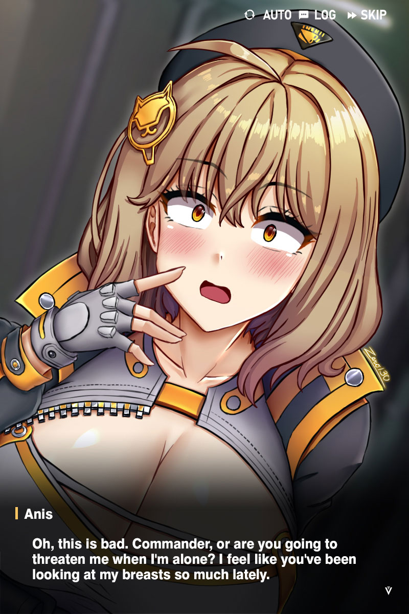 zero130rider, anis (nikke), goddess of victory: nikke, highres, 1girl, ahoge, beret, black jacket, blush, breasts, brown hair, cleavage, cleavage cutout, clothing cutout, hair ornament, hat, jacket, large breasts, long sleeves, short hair, solo, upper body, yellow eyes