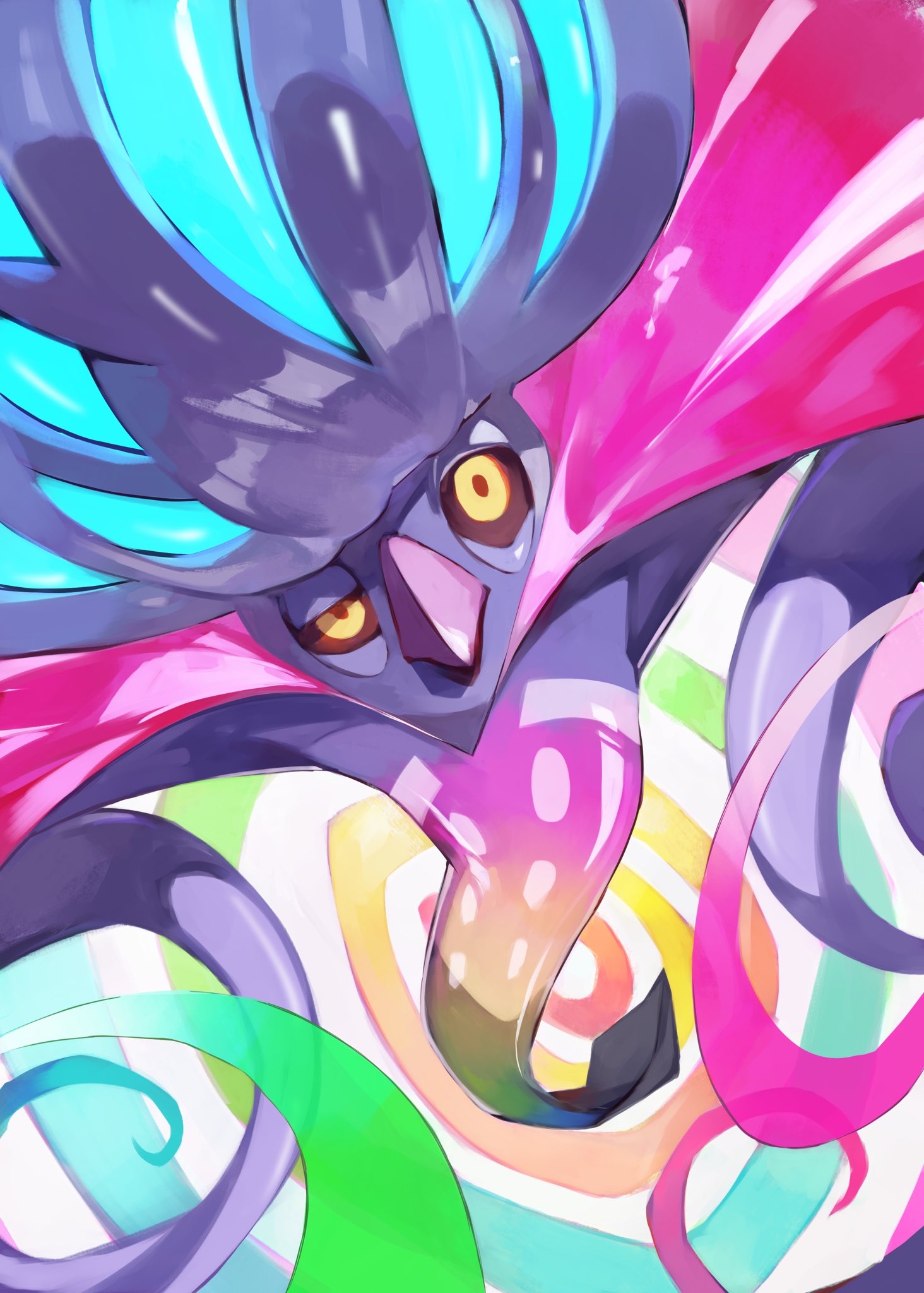 gara (qbeuxvii22), mega malamar, nintendo, pokemon, commentary request, highres, mixed-language commentary, beak, black sclera, closed mouth, colored sclera, looking at viewer, mega pokemon, narrowed eyes, no humans, pokemon (creature), pokemon focus, solo, squid, tentacles, yellow eyes