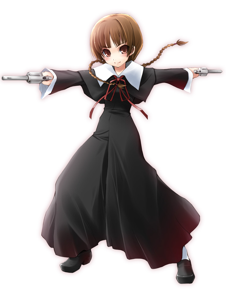 haga yui, shimazu yoshino, maria-sama ga miteru, 00s, 1girl, braid, dual wielding, female focus, gun, handgun, holding, revolver, solo, twin braids, weapon