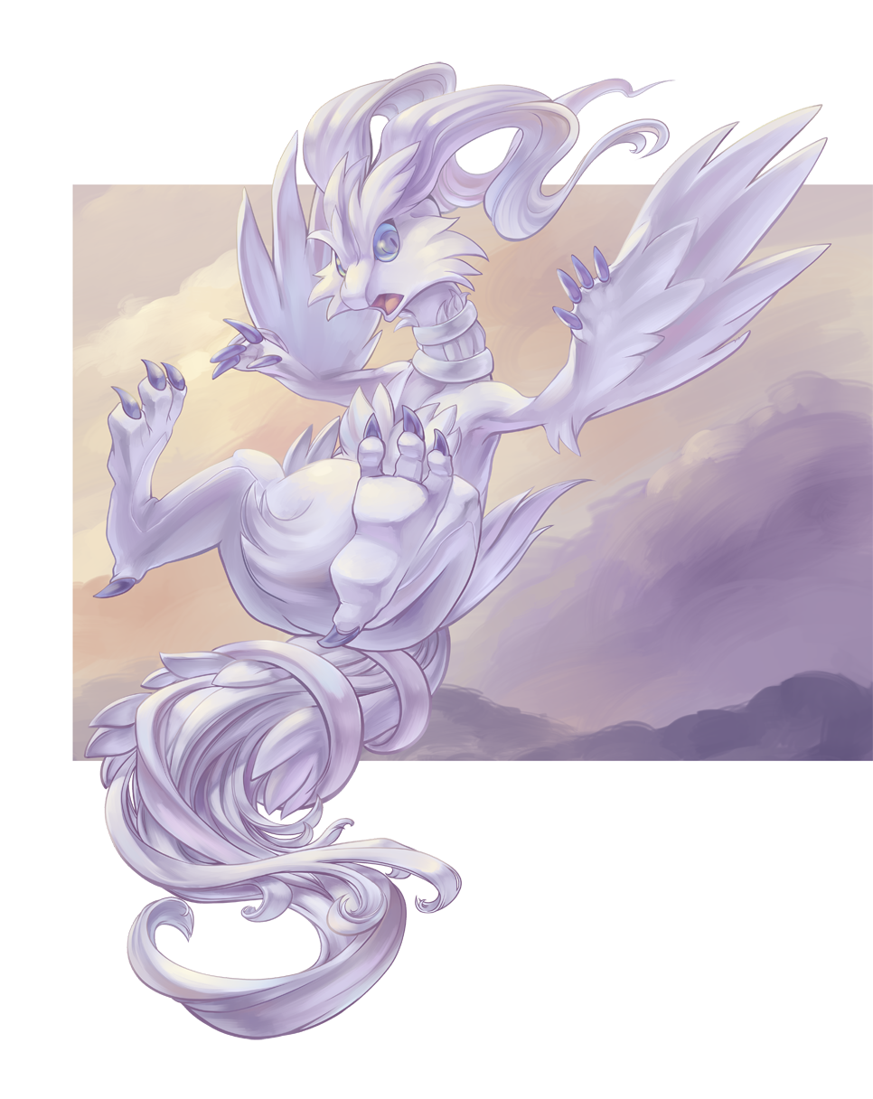 malky (malkshake), reshiram, nintendo, pokemon, highres, blue eyes, claws, flying, full body, gen 5 pokemon, grey eyes, grey sky, legendary pokemon, looking at viewer, no humans, open mouth, outside border, pokemon (creature), pokemon focus, sky, solo