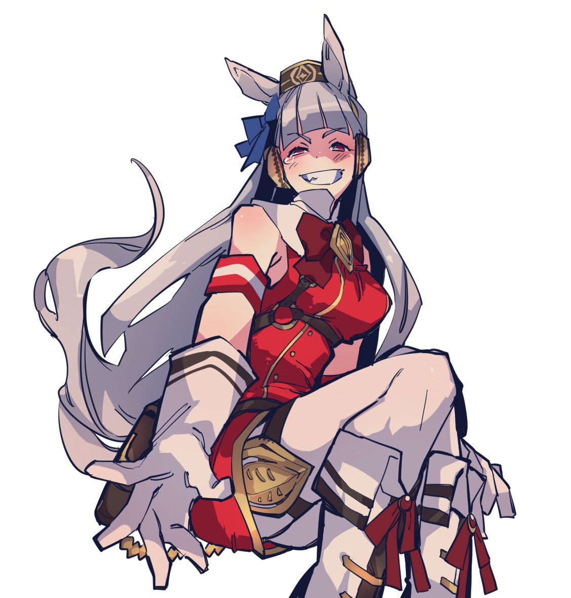raven croow, gold ship (red strife) (umamusume), gold ship (umamusume), umamusume, bad id, bad twitter id, commentary request, 1girl, :d, animal ears, armband, blunt bangs, boots, dress, gloves, horse ears, horse girl, invisible chair, long hair, looking at viewer, open mouth, pantyhose, pillbox hat, red dress, red eyes, single tear, sitting, sleeveless, sleeveless dress, smile, solo, white boots, white gloves, white pantyhose