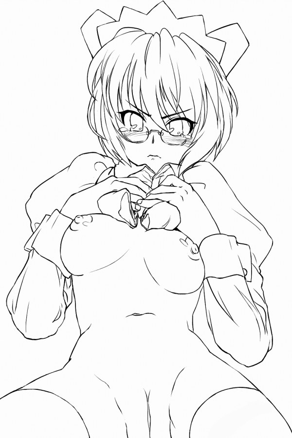 michael f91, 2k-tan, os-tan, 1girl, breasts, female focus, glasses, greyscale, medium breasts, monochrome, navel, nipples, nude, pussy, simple background, sitting, solo, spread legs, thighhighs, uncensored, white background