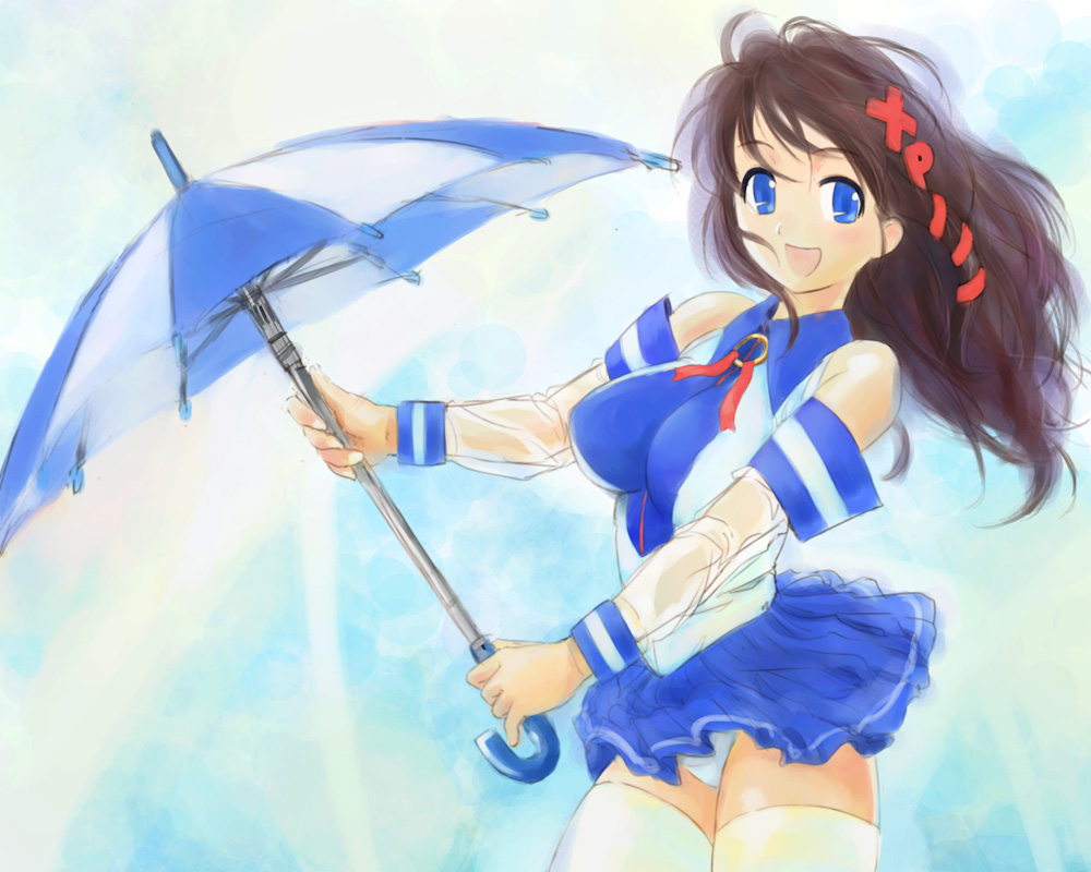 michael f91, xp-tan, os-tan, 1girl, blue eyes, blue skirt, breasts, brown hair, detached sleeves, female focus, large breasts, panties, pantyshot, skirt, solo, thighhighs, umbrella, underwear