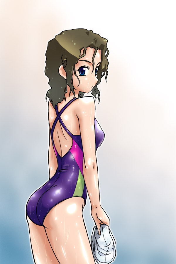 michael f91, 1girl, ass, back, blue eyes, brown hair, competition swimsuit, curly hair, female focus, gradient background, looking back, one-piece swimsuit, solo, swim cap, swimsuit, wet