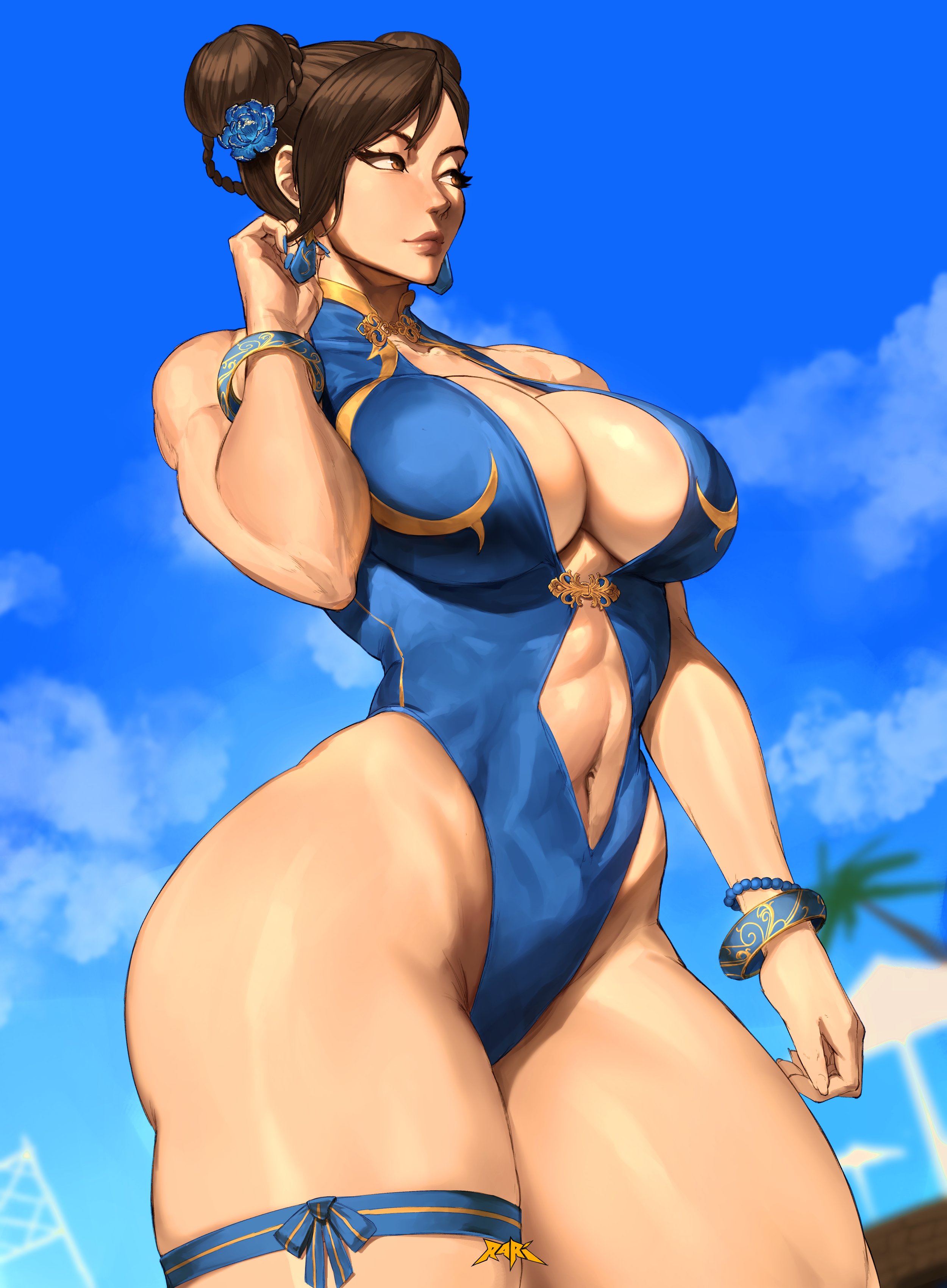 spunkyramaz, chun-li, capcom, street fighter, street fighter 6, absurdres, highres, 1girl, blue one-piece swimsuit, bracelet, braid, braided hair rings, breasts, brown hair, cleavage, clothing cutout, double bun, earrings, hair bun, hair rings, highleg, highleg one-piece swimsuit, jewelry, large breasts, looking to the side, multiple bracelets, official alternate costume, official alternate hairstyle, one-piece swimsuit, solo, stomach cutout, swimsuit, thick thighs, thighs