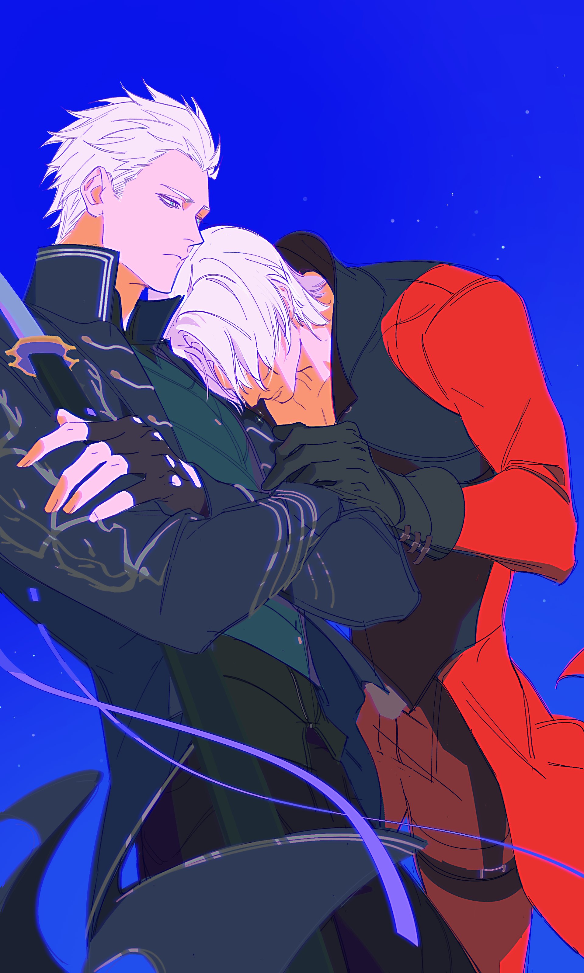 warsong zhange, dante (devil may cry), vergil (devil may cry), devil may cry, devil may cry (series), devil may cry 3, absurdres, commentary, hashtag-only commentary, highres, 2boys, black gloves, blue background, blue coat, blue eyes, closed mouth, clothing cutout, coat, collared coat, crossed arms, fingerless gloves, fingernails, glove cutout, gloves, hair over eyes, hair slicked back, hand on another's arm, katana, light frown, long sleeves, looking at another, male focus, multiple boys, open clothes, open coat, popped collar, red coat, short hair, short sideburns, sword, weapon, white hair, yamato (sword)