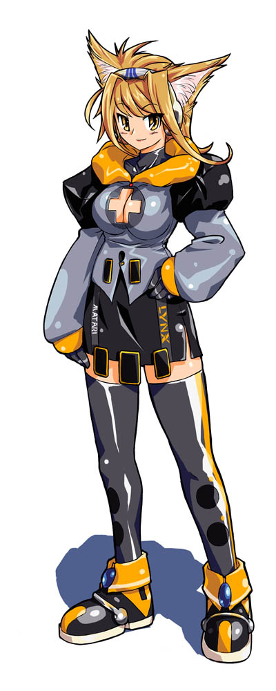 michael f91, atari, 1girl, animal ears, atari lynx, blonde hair, cleavage cutout, clothing cutout, female focus, fox ears, handheld game console, personification, solo, thighhighs, yellow eyes