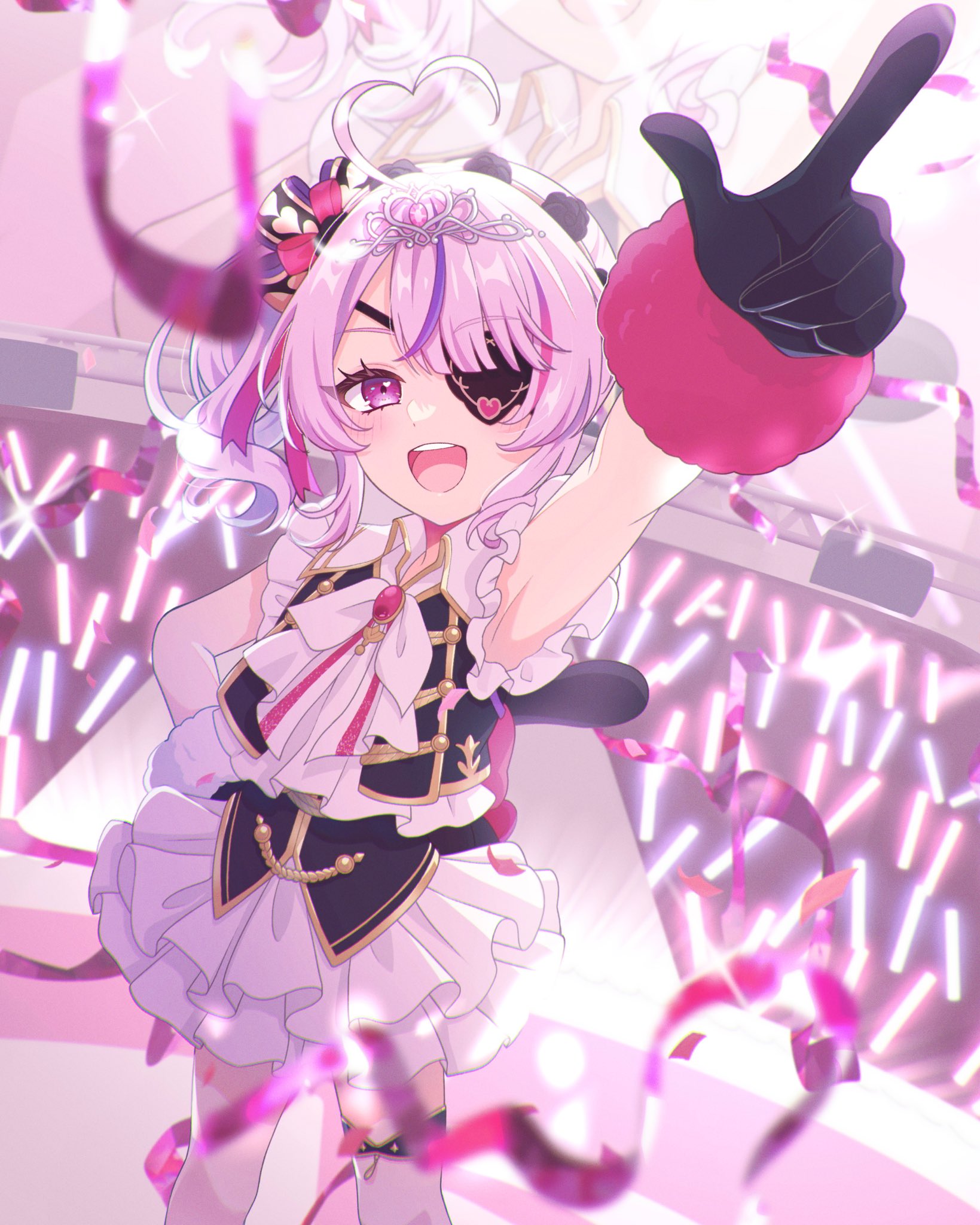 sakamoto momono, maria marionette, nijisanji, nijisanji en, highres, 1girl, :d, ahoge, armpits, black gloves, blush, confetti, dress, eyepatch, frilled dress, frills, gloves, glowstick, hand on own hip, heart, heart ahoge, multicolored hair, nijisanji idol uniform, open mouth, penlight (glowstick), pink eyes, pink hair, pointing, purple hair, side ponytail, smile, solo, stage, streaked hair, thigh strap, tiara, virtual youtuber