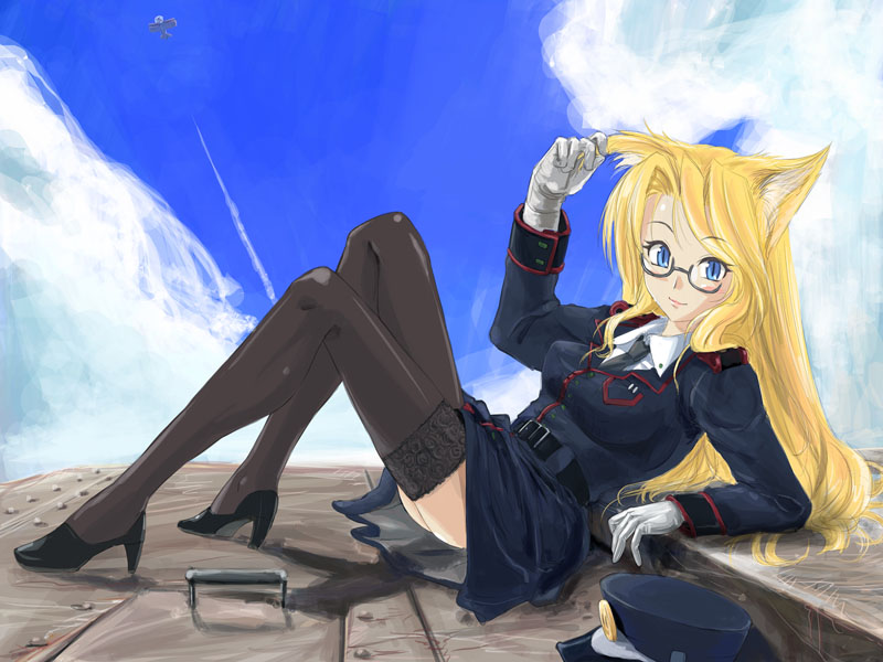 michael f91, animal ears, fox ears, glasses, high heels, military, military uniform, shoes, solo, thighhighs