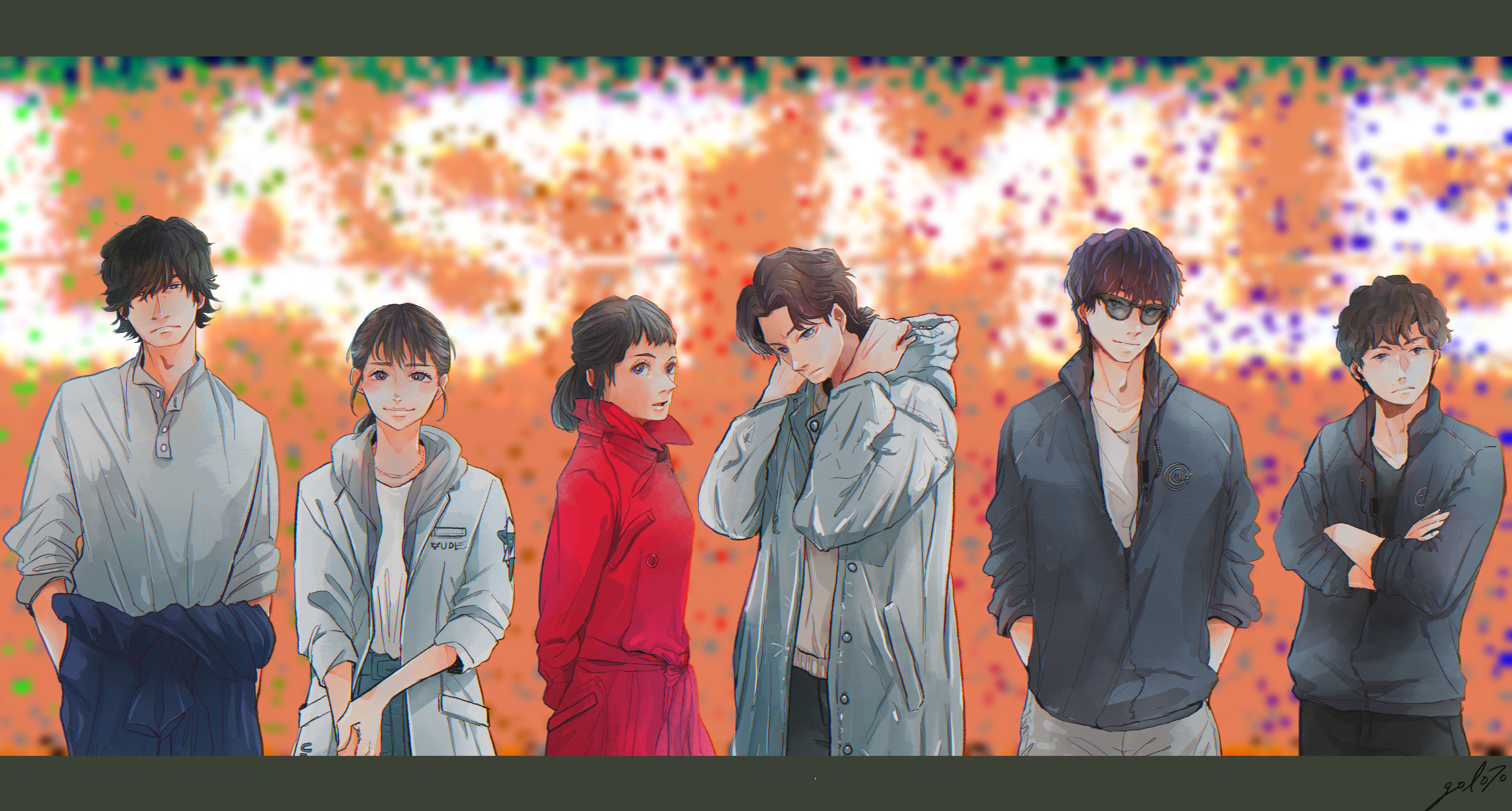 ibuki ai, misumi mikoto, miu404, absurdres, commentary request, highres, 2girls, 4boys, adam's apple, adjusting hood, arms behind back, artist name, black-framed eyewear, black hair, black jacket, black pants, black shirt, blue jumpsuit, blue pants, blush, breast pocket, brown eyes, brown hair, brown sweater, closed mouth, coat, collarbone, collared shirt, colorful background, copyright name, crossed arms, crossover, curtained hair, dated commentary, earpiece, frown, funado erena, gol070, grey coat, grey pants, grey shirt, hair over one eye, hand on own arm, hands in pockets, hands up, head down, head tilt, hood, hood down, hooded coat, jacket, jewelry, jumpsuit, jumpsuit around waist, last mile, letterboxed, light smile, logo, long hair, long sleeves, looking at viewer, looking to the side, medium hair, mole, mole above mouth, multiple boys, multiple crossover, multiple girls, nakado kei, nashimoto ko, necklace, open clothes, open coat, open collar, open mouth, orange background, pants, parted bangs, partially unzipped, pocket, ponytail, popped collar, purple hair, red coat, shima kazumi, shirt, short bangs, short hair, sidelocks, sideways glance, sleeves pushed up, sleeves rolled up, smile, standing, sunglasses, sweater, swept bangs, three-quarter sleeves, turning head, unnatural (series), white shirt