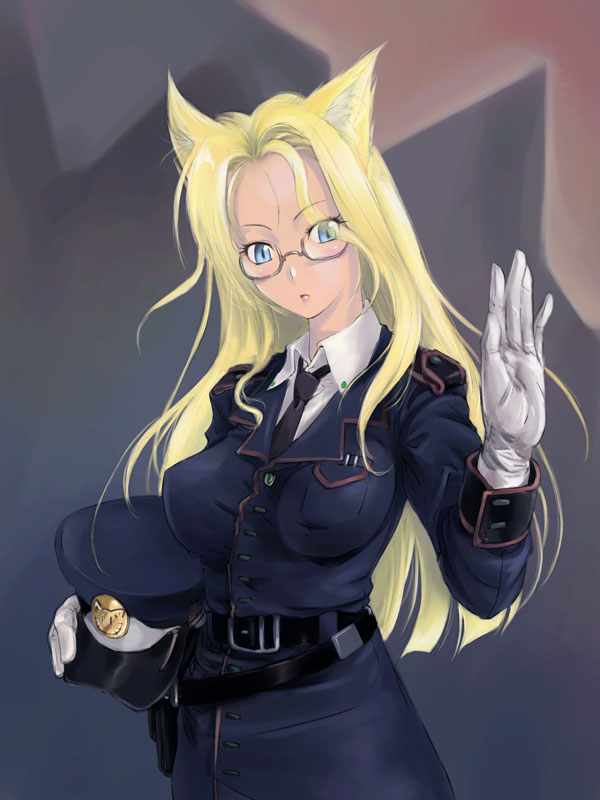 michael f91, integra hellsing, hellsing, 1girl, animal ears, blonde hair, blue eyes, cat ears, female focus, fox ears, glasses, gloves, hat, long hair, military, military uniform, solo