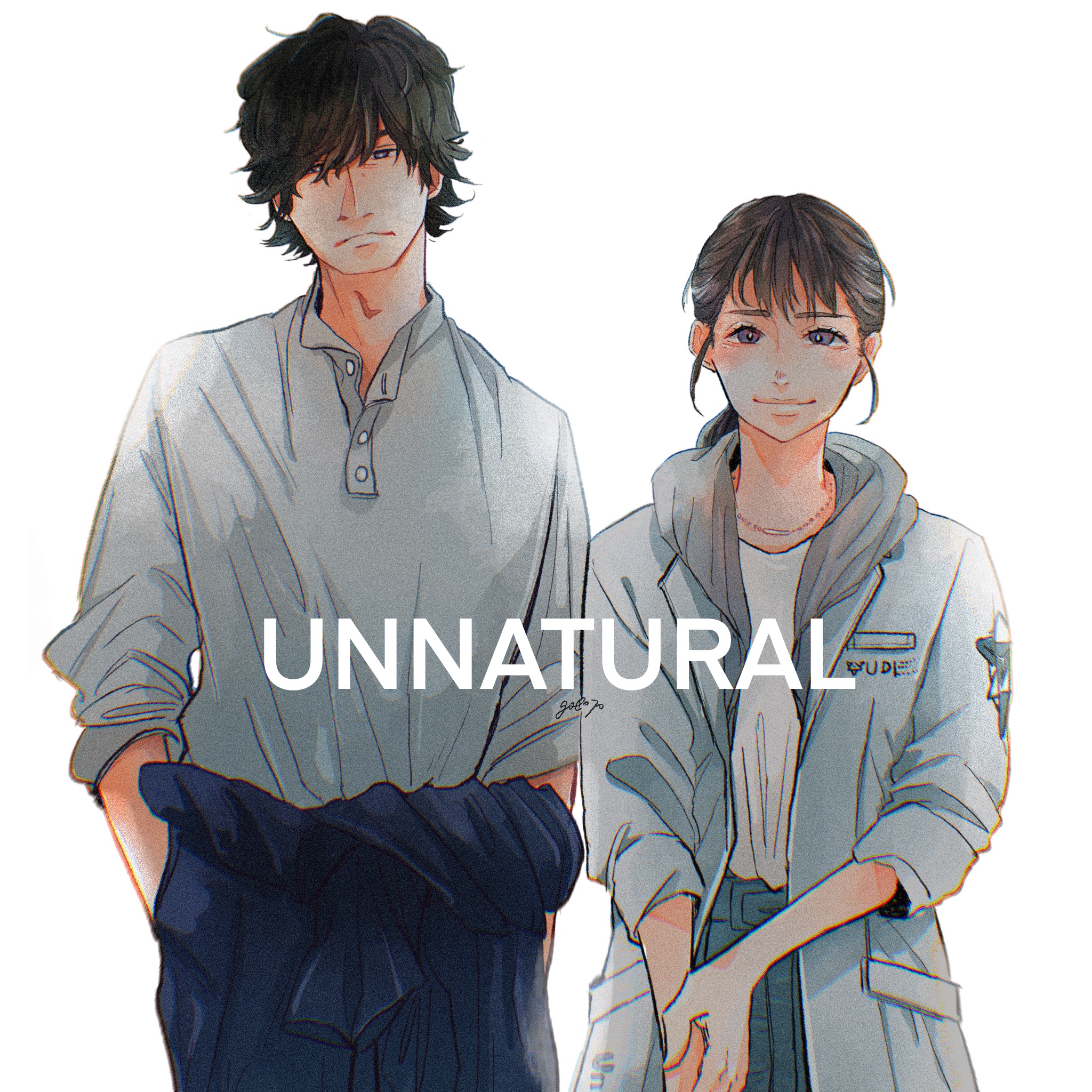 misumi mikoto, commentary request, highres, 1boy, 1girl, adam's apple, artist name, black hair, blue jumpsuit, blue pants, blush, breast pocket, brown eyes, brown hair, closed mouth, coat, collared shirt, copyright name, dated commentary, frown, gol070, grey coat, grey shirt, hair over one eye, hand on own arm, hands in pockets, head tilt, hood, hood down, hooded coat, jewelry, jumpsuit, jumpsuit around waist, logo, long hair, looking at viewer, nakado kei, necklace, open clothes, open coat, open collar, pants, pocket, ponytail, shirt, short hair, side-by-side, simple background, sleeves rolled up, smile, standing, swept bangs, three-quarter sleeves, unnatural (series), white background, white shirt