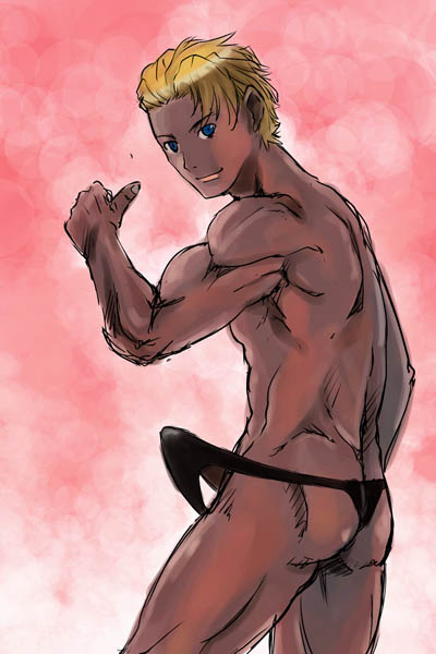 michael f91, guin sard lineford, gundam, turn a gundam, 1boy, ass, back, blonde hair, blue eyes, bulge, dark-skinned male, dark skin, erection, erection under clothes, from behind, fundoshi, japanese clothes, male focus, male thong, man thong, muscular, penis, penis peek, short hair, smile, solo, thumbs up, topless male