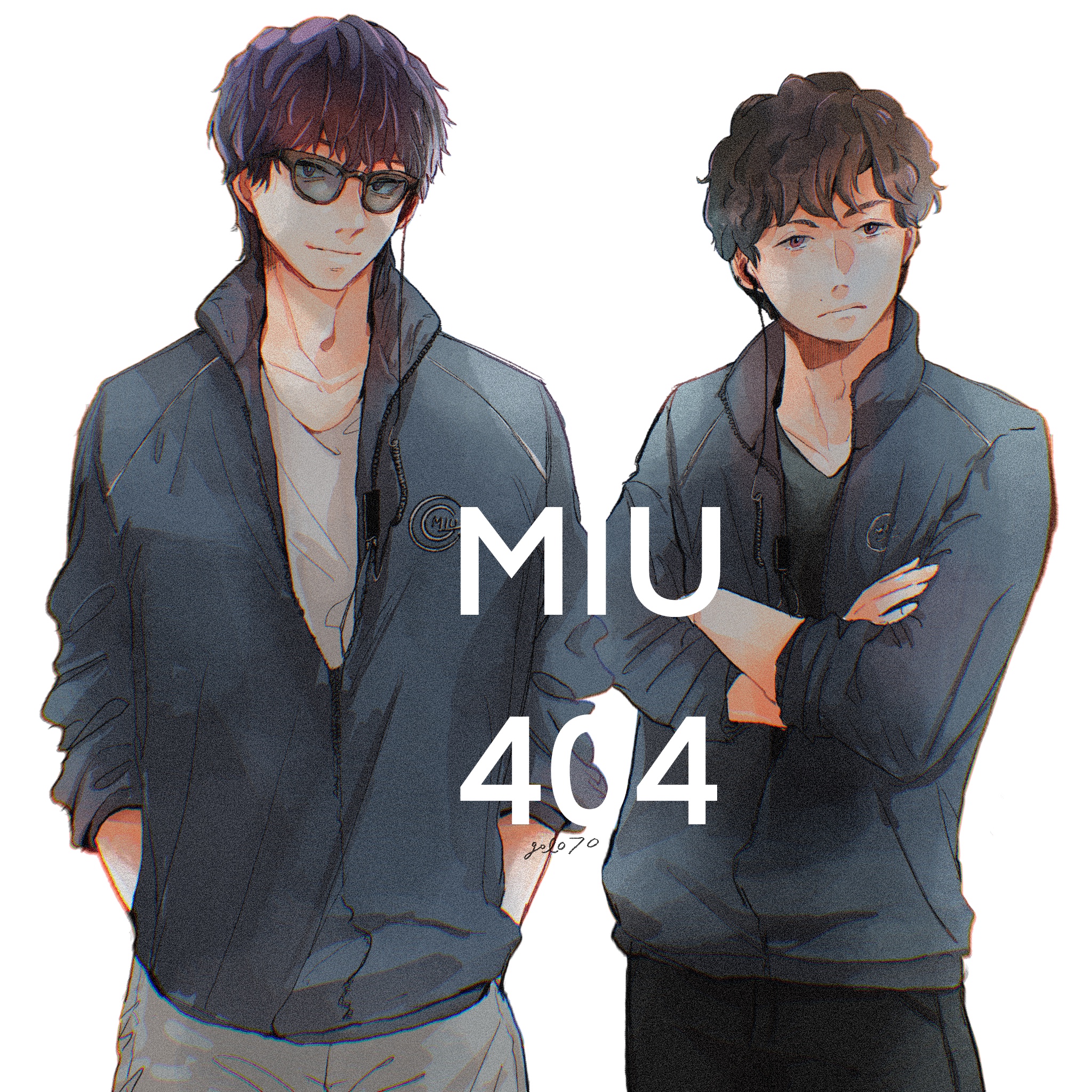 ibuki ai, miu404, commentary request, highres, 2boys, adam's apple, artist name, black-framed eyewear, black jacket, black pants, black shirt, brown eyes, brown hair, closed mouth, collarbone, copyright name, cowboy shot, crossed arms, dated commentary, earpiece, gol070, grey pants, grey shirt, hands in pockets, head tilt, jacket, light smile, logo, looking at viewer, male focus, mole, mole above mouth, multiple boys, pants, partially unzipped, popped collar, purple hair, shima kazumi, shirt, short hair, side-by-side, simple background, sleeves pushed up, standing, sunglasses, three-quarter sleeves, turning head, white background