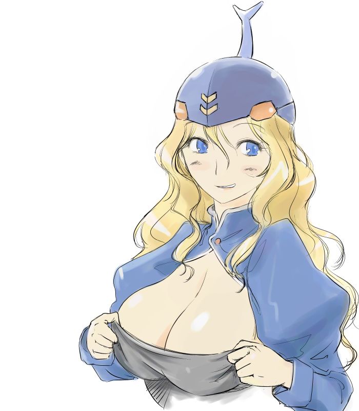michael f91, danbai, dunbine, futaba channel, nijiura maids, seisenshi dunbine, 1980s (style), 1girl, blonde hair, blue eyes, breasts, cleavage, female focus, helmet, large breasts, long hair, mecha musume, oldschool, personification, retro artstyle, simple background, solo, white background