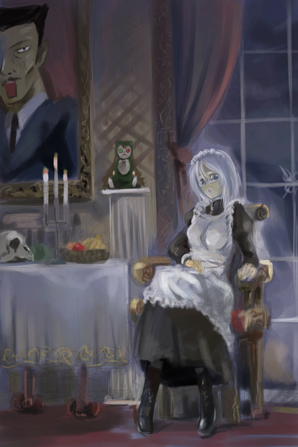 michael f91, jissouseki, futaba channel, rozen maiden, 00s, 1girl, apron, black dress, black hair, black pantyhose, candle, chair, dress, facial hair, female focus, fire, full body, indoors, juliet sleeves, long sleeves, looking at viewer, maid, maid apron, mustache, painting (object), pantyhose, puffy long sleeves, puffy sleeves, simple background, solo, table, tablecloth, wax, window