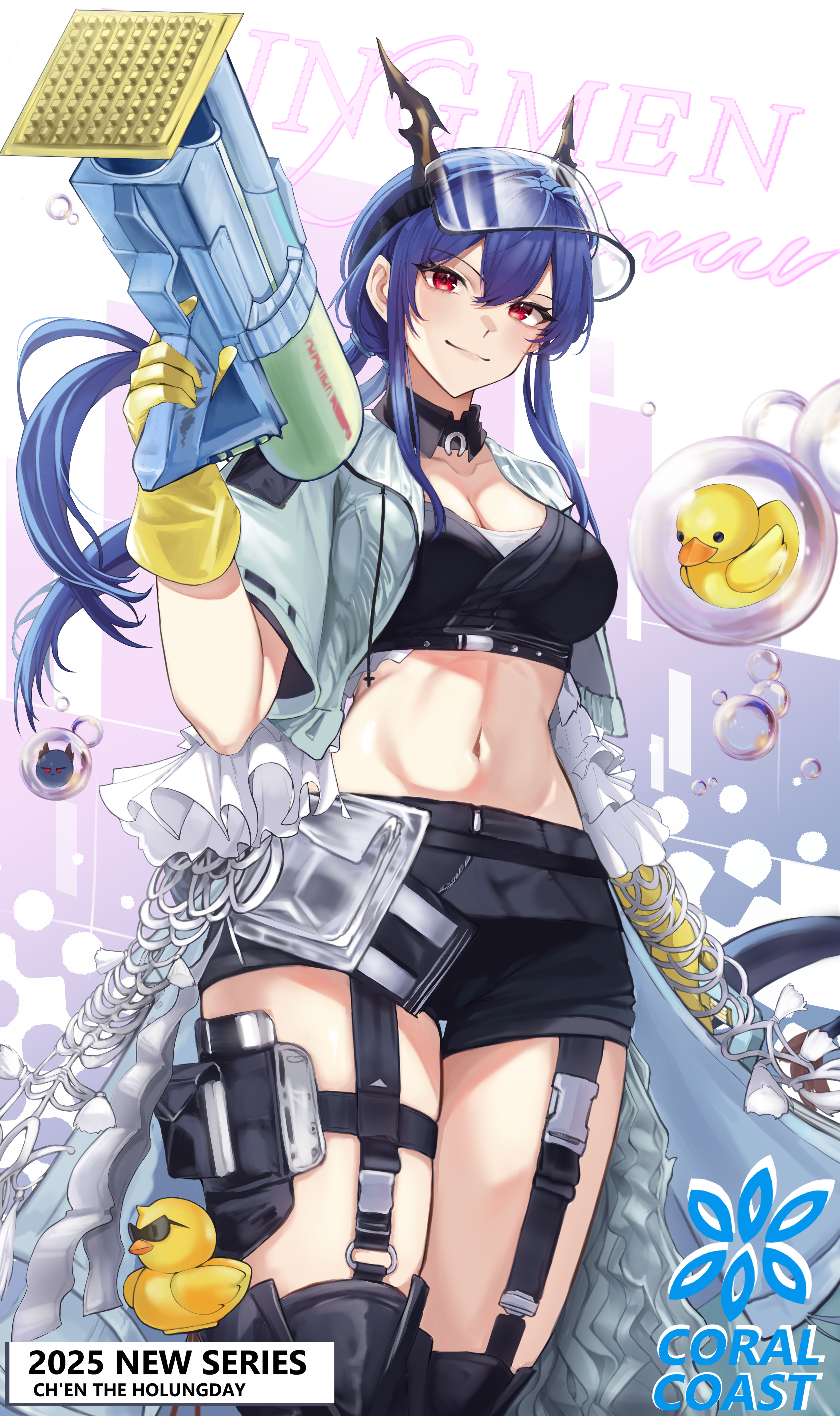 rosa617, ch'en (arknights), ch'en the holungday (arknights), ch'en the holungday (holiday) (arknights), arknights, absurdres, commentary, highres, 1girl, belt around waist, black boots, black shorts, blue hair, boots, breasts, character name, cleavage, closed mouth, collarbone, cropped jacket, detergent, dragon girl, dragon horns, dragon tail, frilled overskirt, gloves, hair between eyes, holding, holding water gun, horns, large breasts, long hair, looking at viewer, navel, official alternate costume, red eyes, rubber duck, rubber gloves, shorts, sidelocks, smile, solo, stomach, tail, water gun, yellow gloves