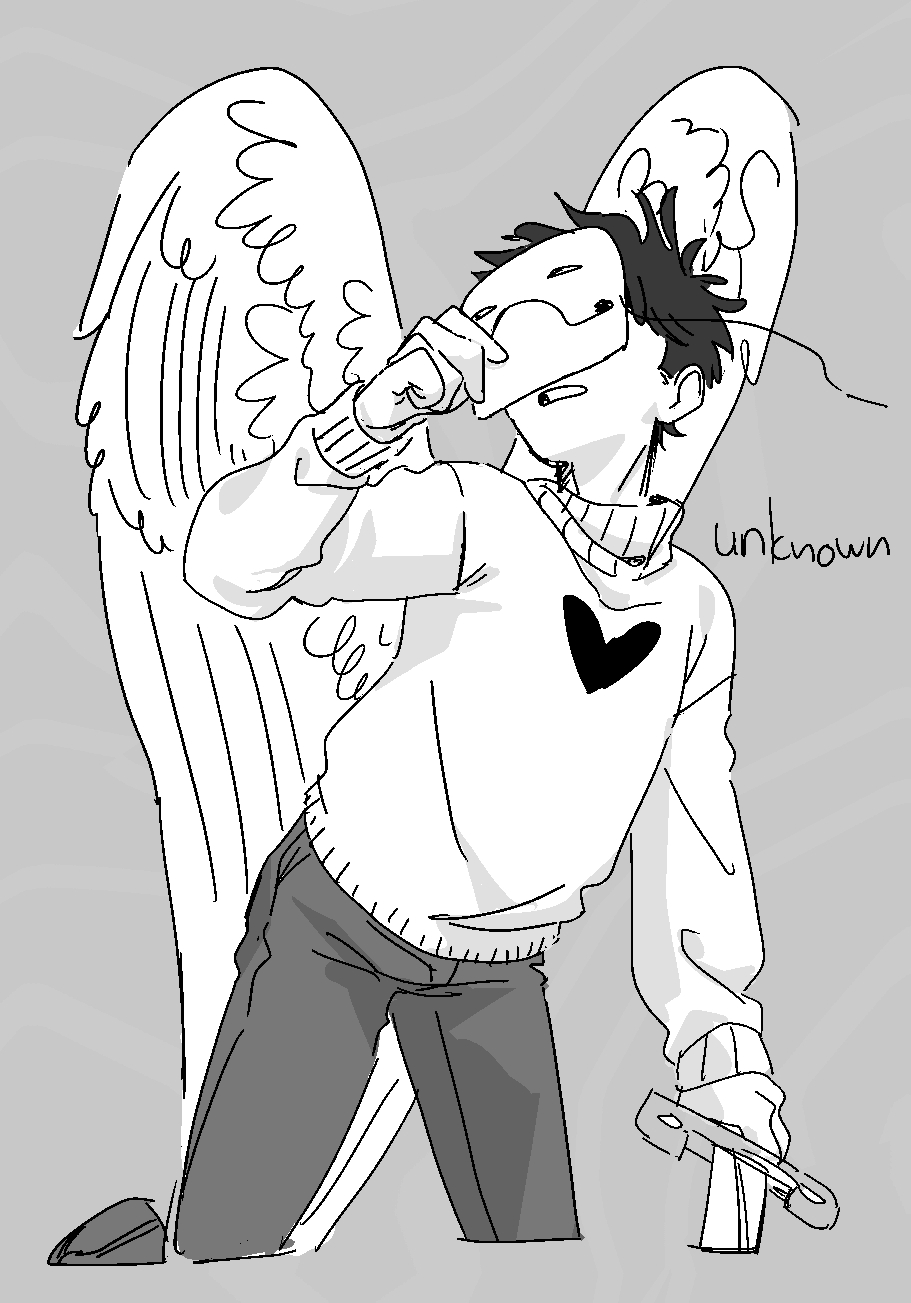 zacharie (off), off (game), highres, 1boy, 2 3up, angel wings, arm up, cropped legs, english text, grey background, greyscale, heart, heart print, holding, holding sword, holding weapon, long sleeves, male focus, mask, monochrome, pants, parted lips, short hair, solo, sweater, sword, weapon, wings