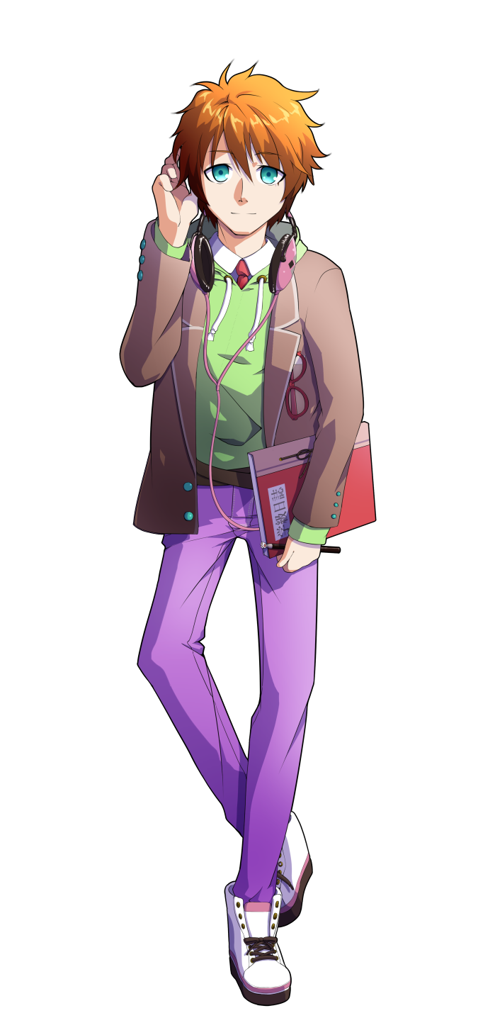 dairi, minase kou, voiceroid, commentary request, highres, large variant set, variant set, 1boy, brown jacket, buttons, full body, green hoodie, hair between eyes, hand up, headphones, headphones around neck, holding, holding notebook, holding pen, hood, hoodie, jacket, male focus, necktie, notebook, open clothes, open jacket, orange hair, pants, pen, purple pants, red necktie, shoes, short hair, solo, tachi-e, transparent background, white shoes