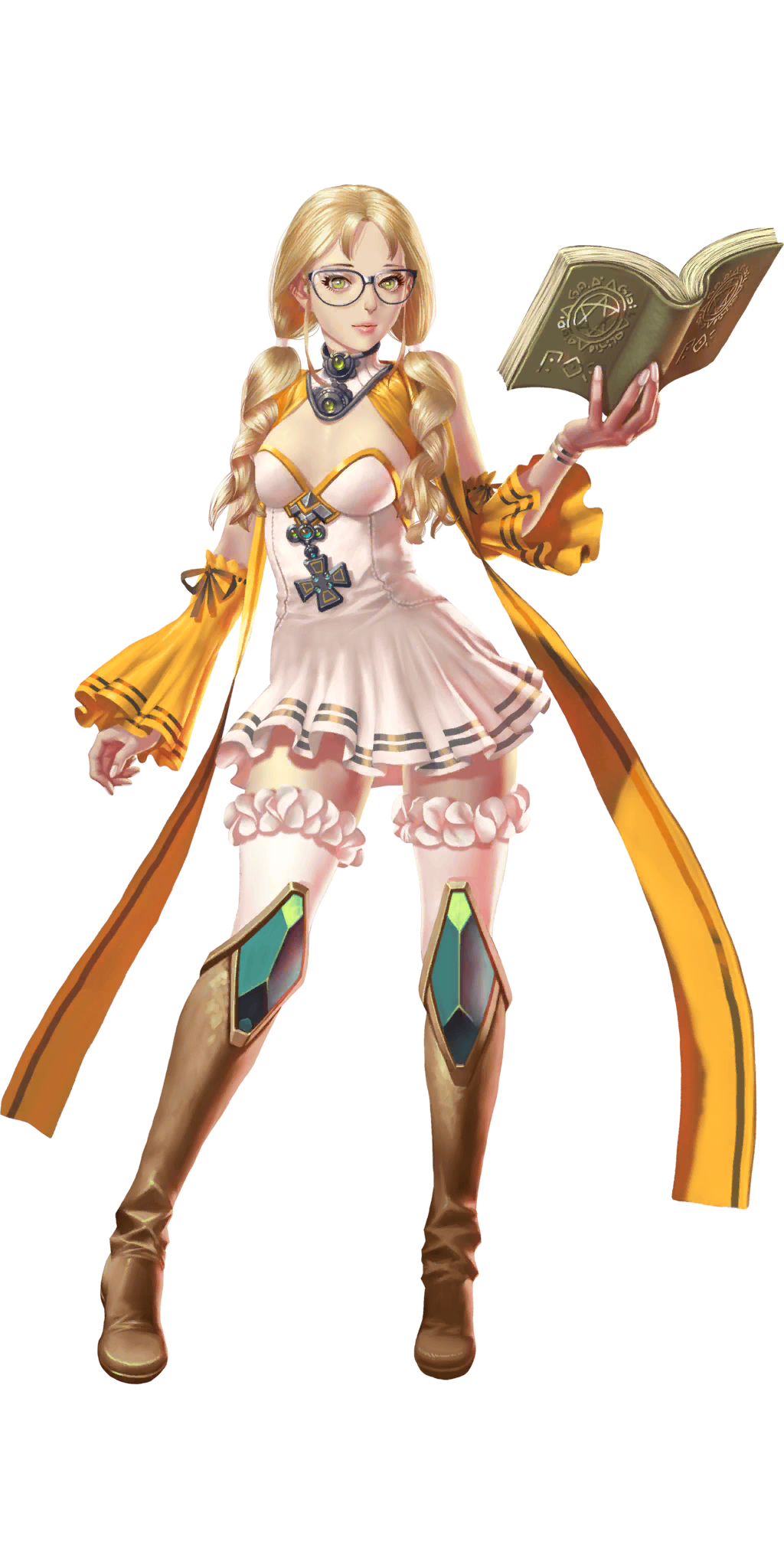 crystal maiden (series), artist request, bad source, game cg, highres, official art, third-party source, variant set, 1girl, althea (crystal maidens), blonde hair, book, breasts, closed mouth, collar, cross, detached sleeves, full body, glasses, green eyes, hair over shoulder, holding, holding book, pentagram, skirt, solo, transparent background