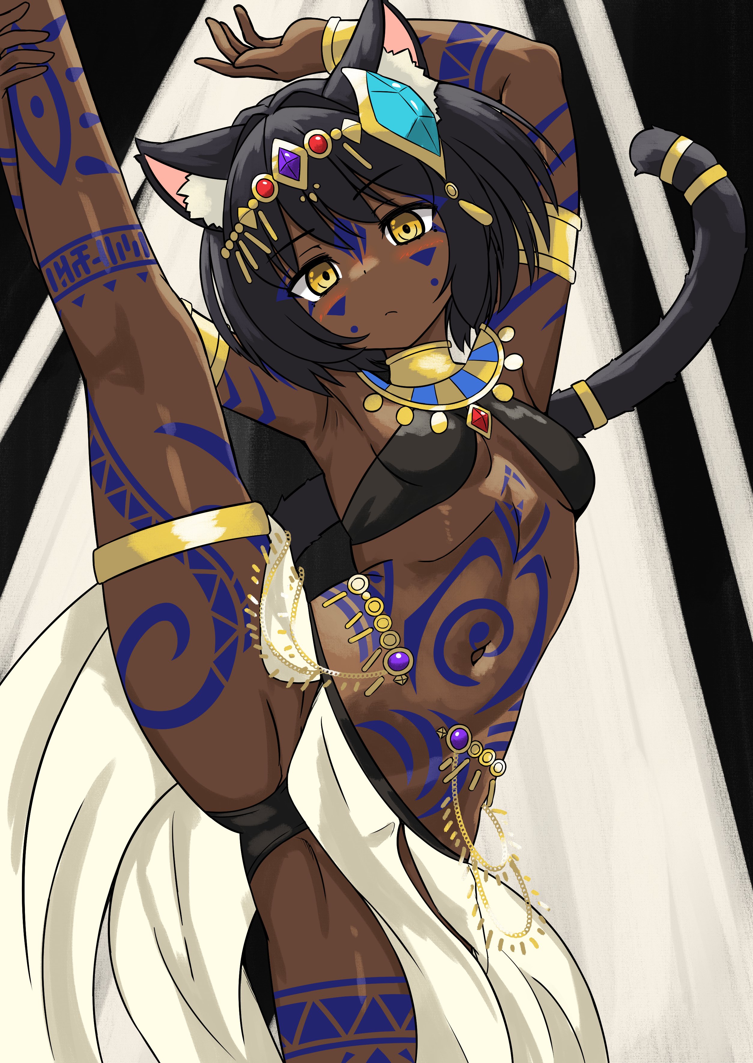 dastar (mwelt1390), original, absurdres, highres, 1girl, ancient egyptian, ancient egyptian clothes, animal ears, black hair, black panties, breasts, cat ears, cat girl, cat tail, dark-skinned female, dark skin, full-body tattoo, gold, hair ornament, jewelry, looking at viewer, medium hair, panties, small breasts, solo, standing, tail, tattoo, underwear, yellow eyes
