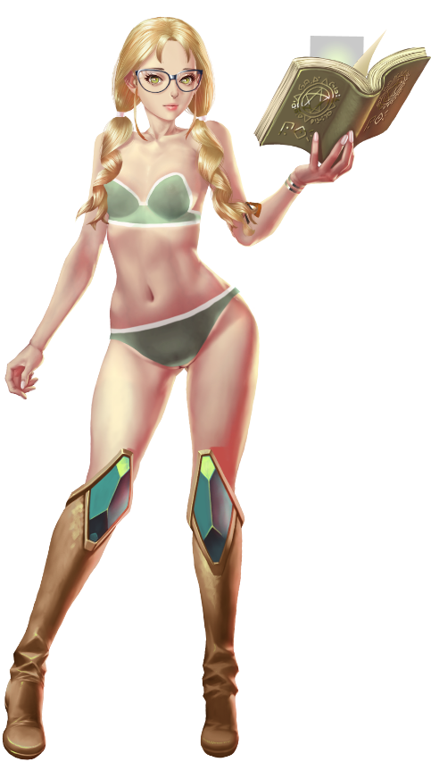 crystal maiden (series), covered pussy, artist request, game cg, official art, variant set, 1girl, althea (crystal maidens), artistic error, bare arms, bare hips, bare shoulders, blonde hair, book, bra, breasts, closed mouth, full body, glasses, green bra, green eyes, green panties, hair over shoulder, holding, holding book, navel, panties, pentagram, see-through clothes, see-through panties, solo, transparent background, underwear