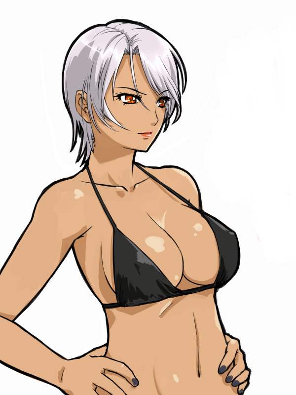 michael f91, silver hair, 1girl, bikini, black bikini, breasts, dark-skinned female, dark skin, female focus, grey nails, large breasts, nail polish, orange eyes, short hair, solo, swimsuit