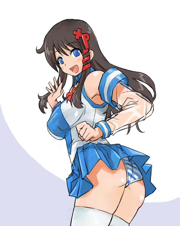 michael f91, xp-tan, os-tan, 1girl, ass, black hair, blue eyes, blue skirt, female focus, miniskirt, panties, pantyshot, skirt, solo, striped clothes, striped panties, thighhighs, underwear