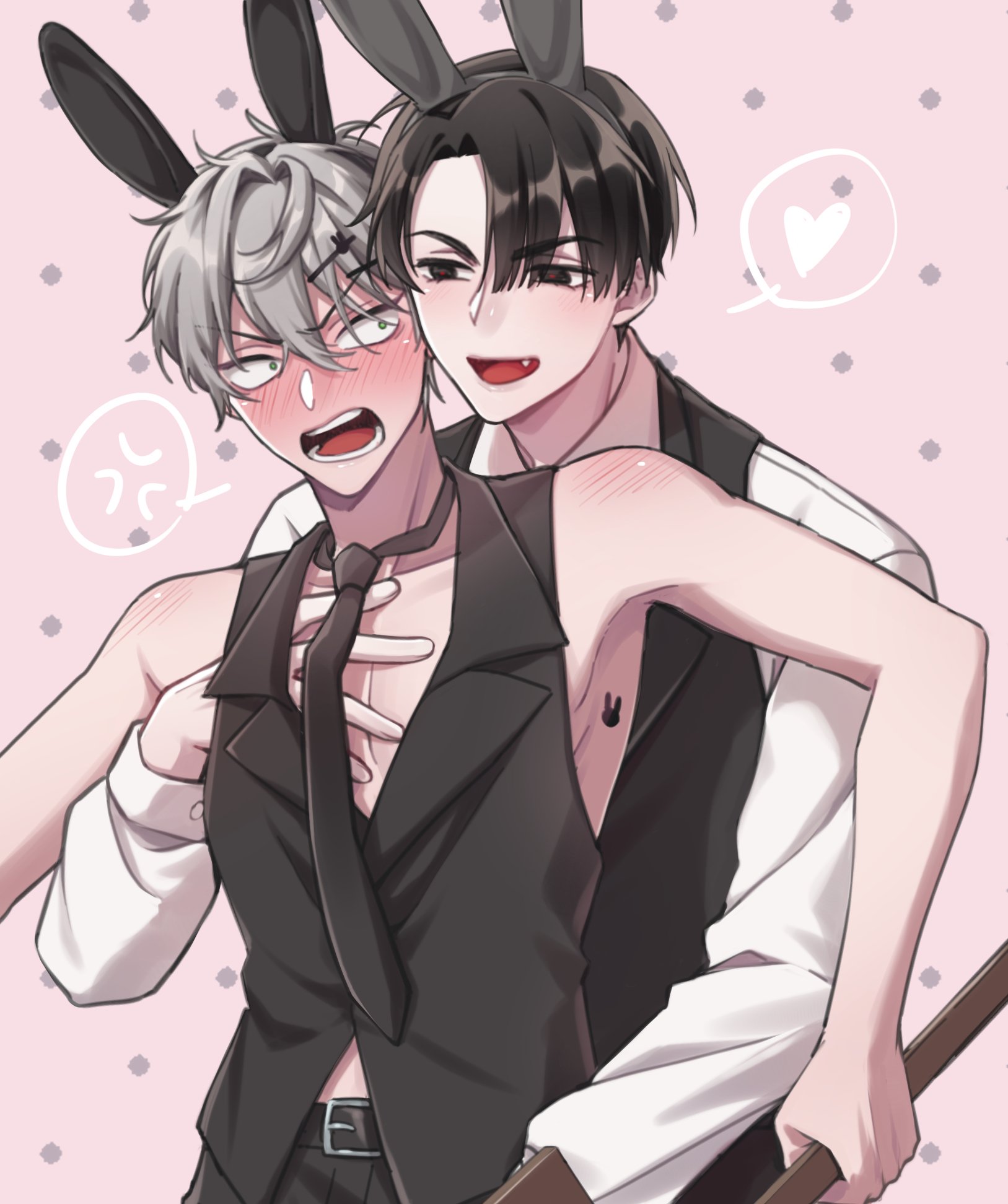 bella890608, ivan (alien stage), till (alien stage), alien stage, commentary, highres, 2boys, anger vein, animal ears, black eyes, black hair, black necktie, black vest, blush, collared shirt, fang, green eyes, grey hair, hand on another's chest, heart, male focus, multiple boys, necktie, official alternate costume, open mouth, pink background, polka dot, polka dot background, rabbit ears, shirt, spoken anger vein, spoken heart, vest, white shirt, yaoi