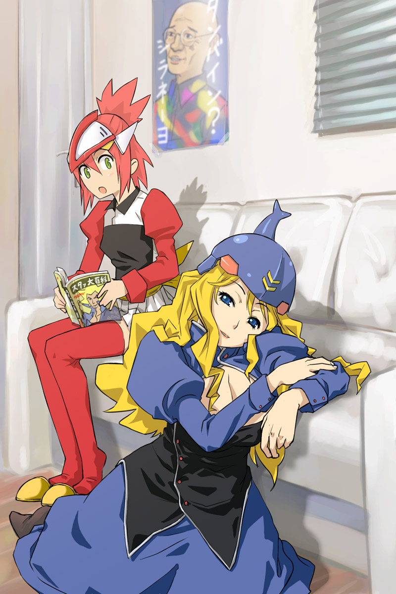 michael f91, bilbai, billbi, billbine, danbai, dunbine, tomino yoshiyuki, futaba channel, nijiura maids, seisenshi dunbine, 1980s (style), highres, translation request, 2girls, blonde hair, blue eyes, breasts, cosplay, couch, green eyes, helmet, indoors, large breasts, looking at viewer, mecha, mecha musume, miniskirt, multiple girls, oldschool, otaku, parody, personification, pleated skirt, red hair, retro artstyle, robot, skirt, slippers, small breasts, what