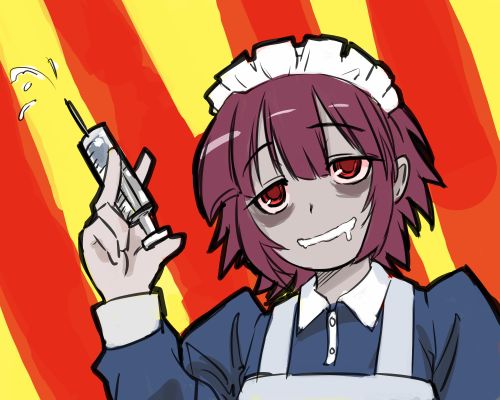 michael f91, yakui, futaba channel, nijiura maids, lowres, 1girl, apron, bags under eyes, blue dress, dress, dripping, female focus, frills, holding, liquid, maid headdress, pale skin, purple hair, red eyes, short hair, solo, syringe, undead, upper body, zombie