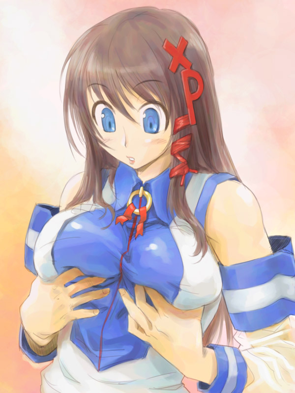 michael f91, xp-tan, os-tan, 1girl, blue eyes, breast lift, breasts, brown hair, detached sleeves, female focus, grabbing another's breast, grabbing own breast, groping, huge breasts, large breasts, long hair, simple background, solo